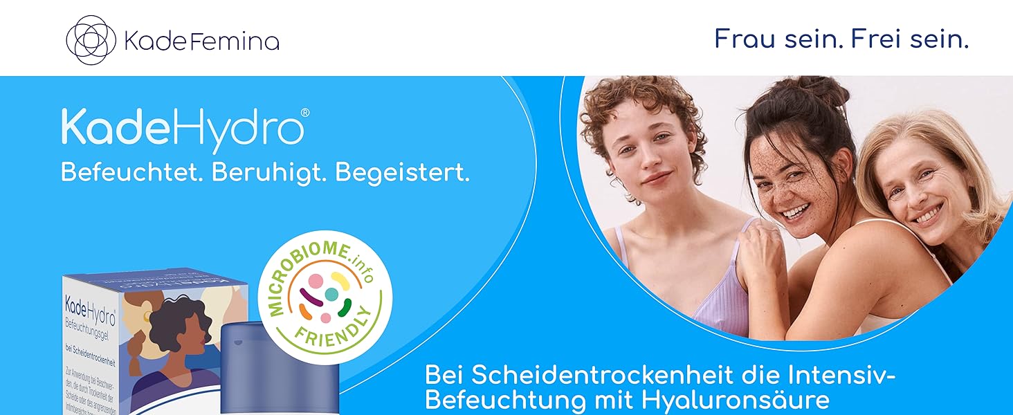 Blaue Produktverpackung für KadeHydro, eine vaginale Feuchtigkeitscreme mit Hyaluronsäure. Das Bild zeigt Logo und Text zur intensiven