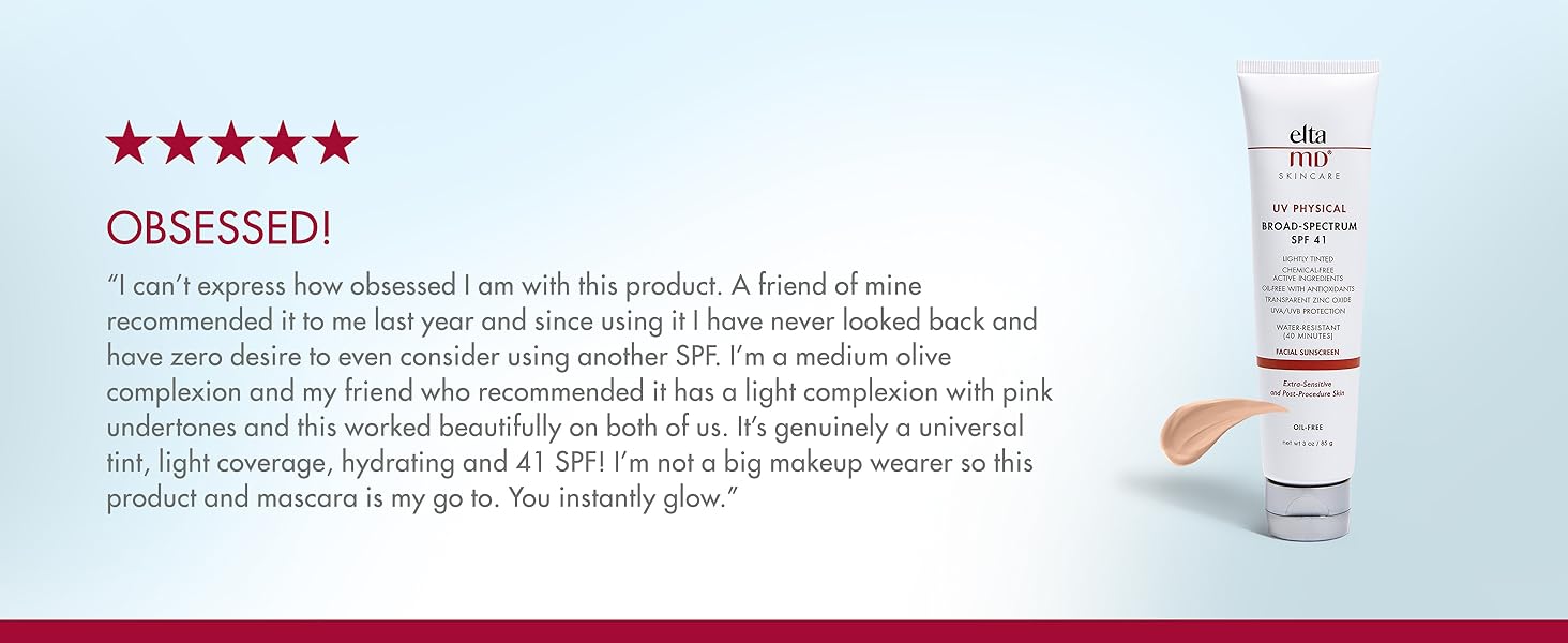 EltaMD UV Physical Facial Sunscreen Broad-Spectrum SPF 41, Oil-Free, Sensitive, Oily, Post-Procedure