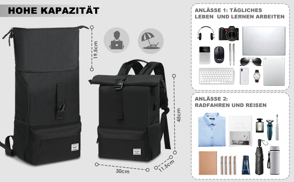 avec diagramme de capacité indiquant les dimensions et deux configurations de scénarios d'utilisation affichant les essentiels du quotidien et l'organisation des articles de voyage