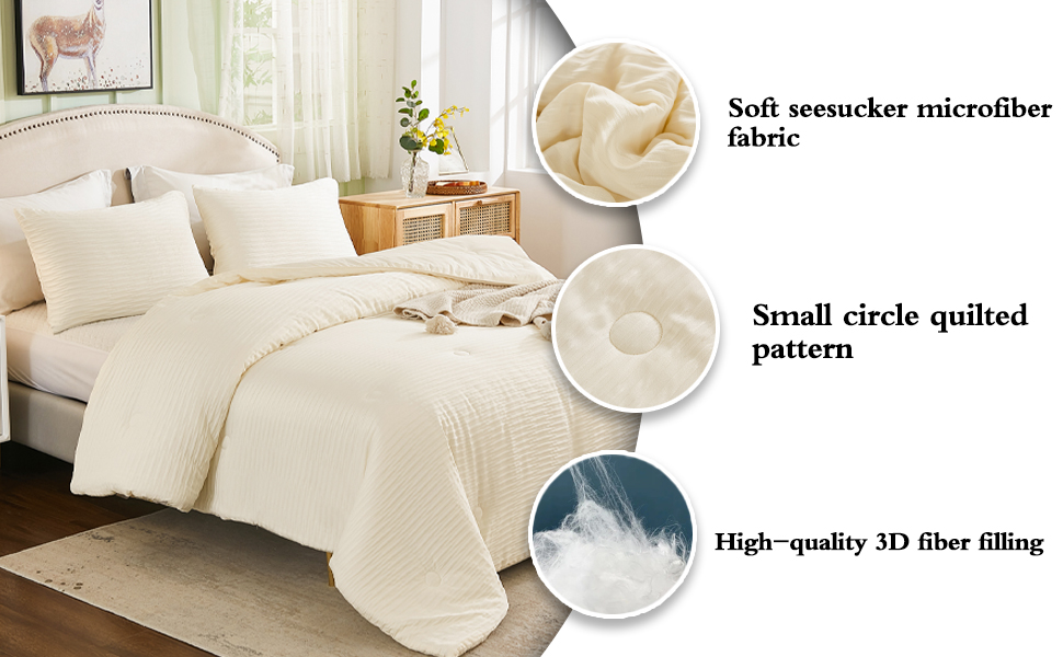 Memfydu Queen Comforter Set Beige, 3 Pieces Seersucker Comforter Sets, Crinkle