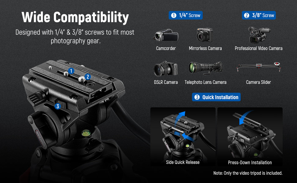 NEEWER 74" Pro Video Tripod with Fluid Head, Heavy Duty Aluminum Tripod