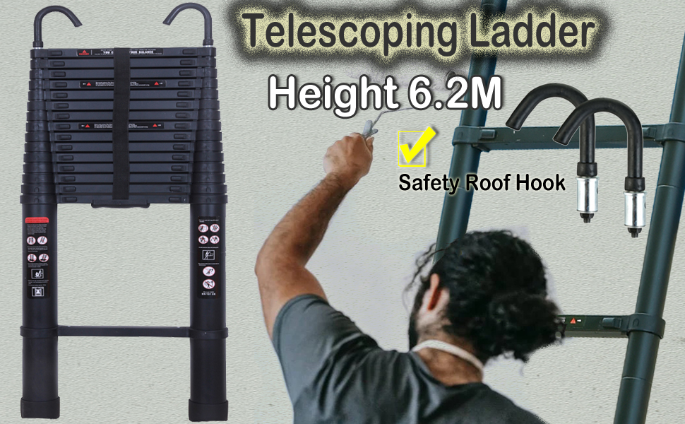 6.2m Black Aluminum Telescopic Ladder Telescoping Ladders with Roof