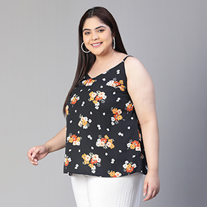Women Plus Size Black Shoulder Strap V- Neck Floral Print Sleeveless Top