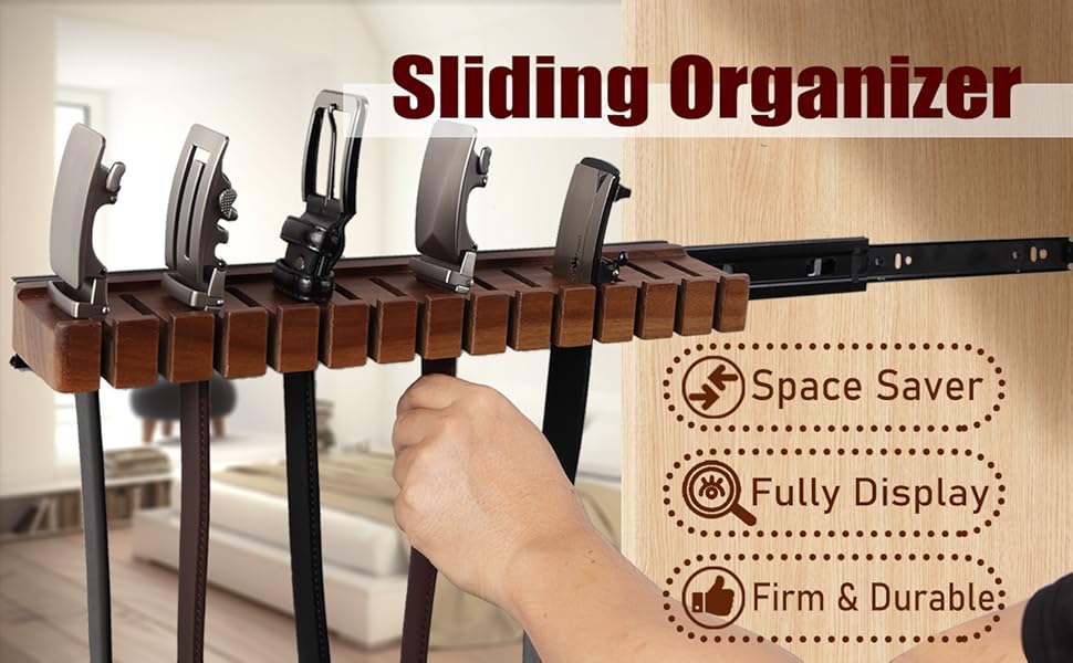 Premium Walnut Wood Belt Hanger with Slider, Belt Closet