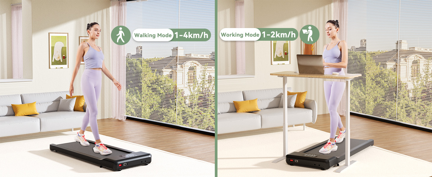 Foldable walking treadmill demonstrated in home setting, showing use while standing at desk. Speed display indicates 1-2km/h walking pace.