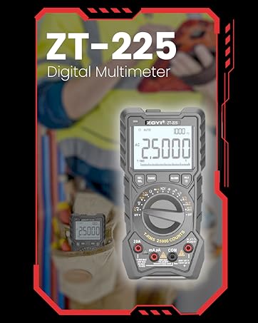 ZT-225 Digital Multimeter with large LCD display, rotary selector, and multiple input ports. Device shown in full view and close-up of screen displaying '25000'.
