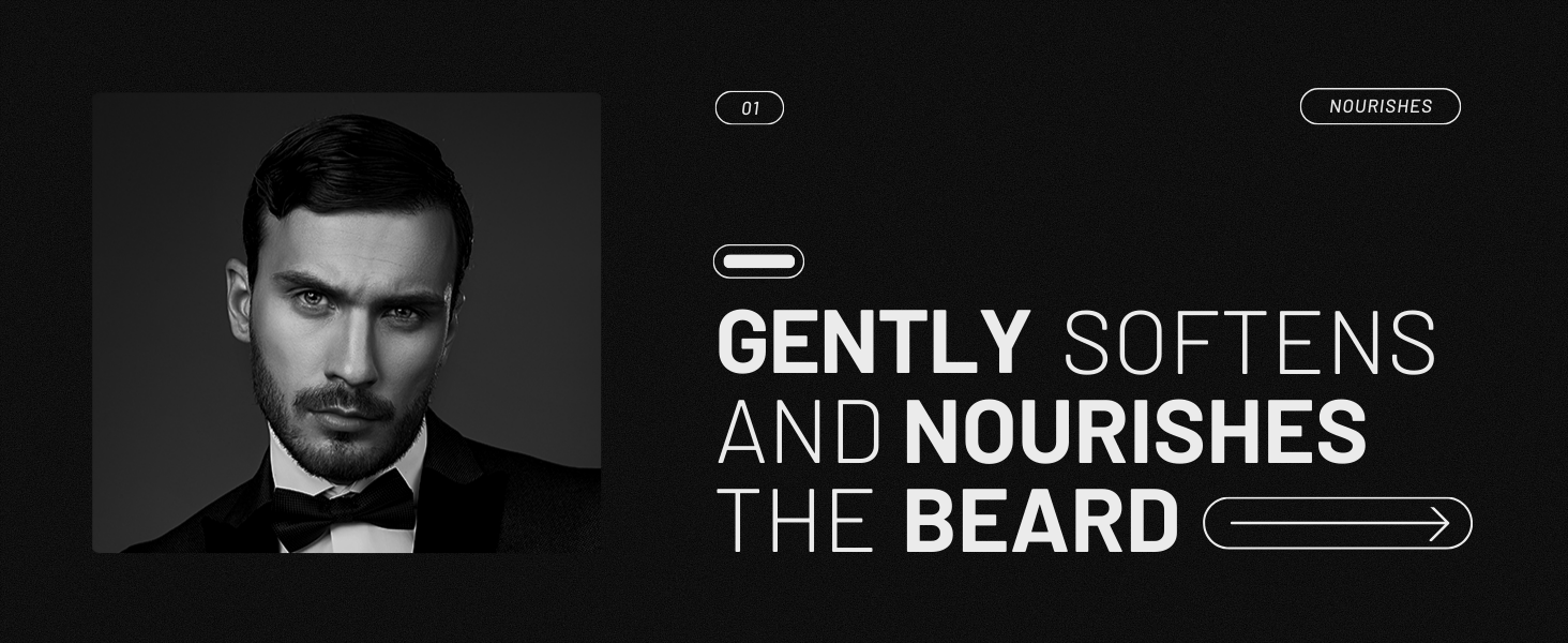 Black and white advertisement for beard care product. Text states 'Gently softens and nourishes the beard' next to an image of a man with a well-groomed beard and mustache.