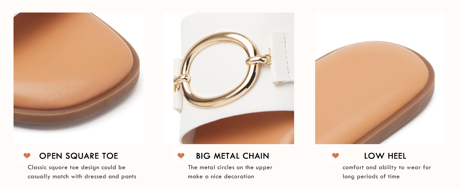 Womens Square Toe Dressy Summer Slide Sandals Flat Low Heel Metal Chain Slip On Party Slippers Shoes