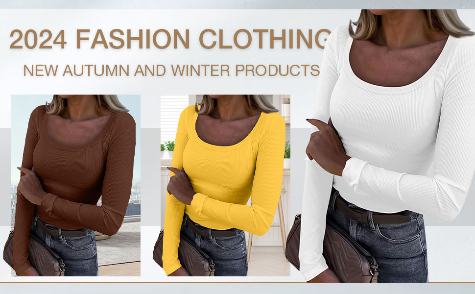 Red Tops For Women Fall Tops 2024 Trendy Long Sleeve Soft Tops Dressy Sexy Rib Knit Scoop Neck Shirt