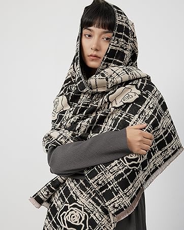 Black and white rose camellia scarf