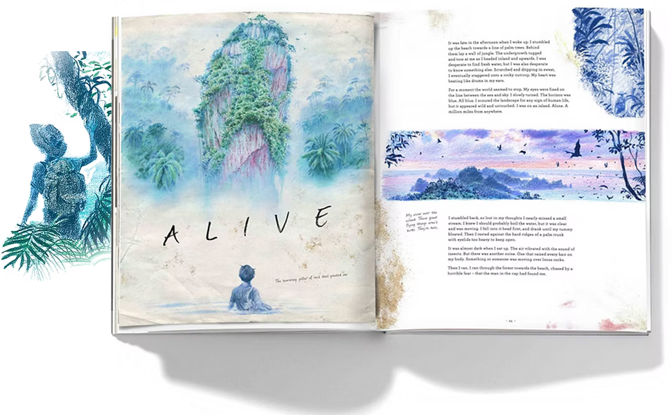 Text reads 'ALIVE'. Open book spread showing watercolor illustrations in blue and green tones with text and artistic elements on white pages.