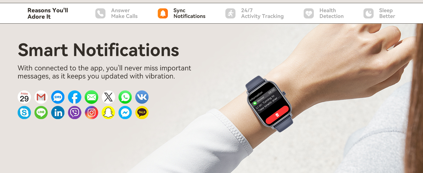 Smartwatch on wrist displaying notification. Text 'Smart Notifications' above. Icons of popular apps shown. Device has rectangular face with rounded corners and white band.