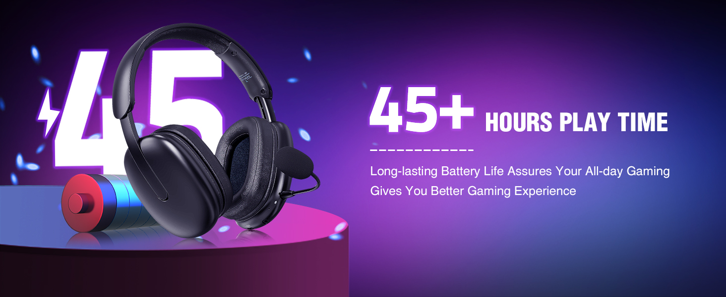 Over-ear gaming headphones with red accents on a purple background. Text highlights 45+ hours of playtime for extended gaming sessions.