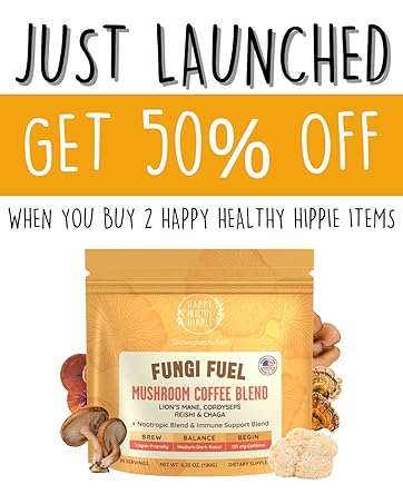 Happy Healthy Hippie Fungi Fuel Mushroom Coffee blend Lion’s Mane Cordyceps Reishi Chaga Adaptogen