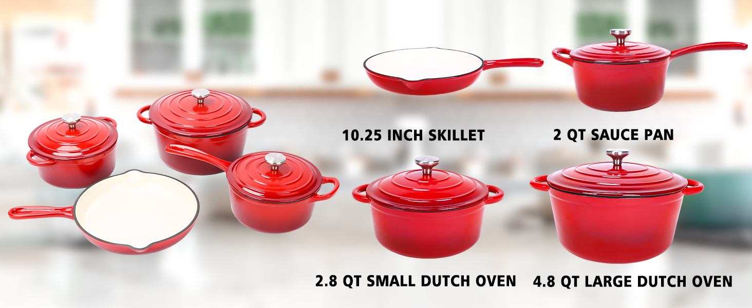 Enameled Cast Iron Cookware Set Dutch Ovens Set, Sauce Pan, Skillet, 3 Lids, Pots and Pans Set