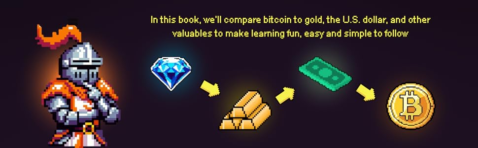 Pixel knight with diamond, gold, dollar, and Bitcoin icons comparing value.