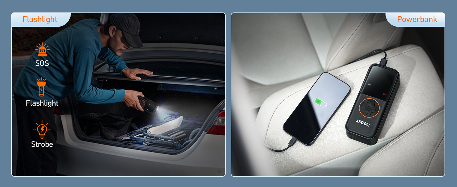 Side-by-side images showing car interior lighting: one displaying footwell illumination, another showing device charging area with blue lighting.