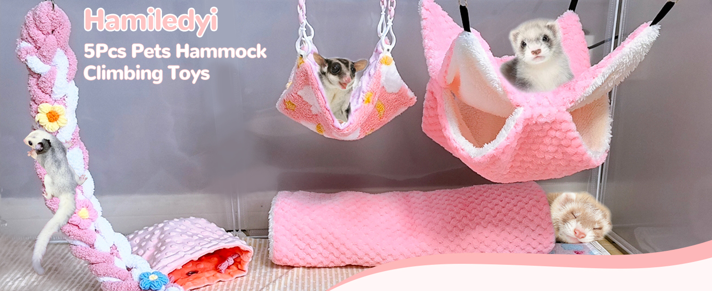 Ferret Hammock 5 Pack Sugar Glider Climbing Ropes Toys Rat Hanging Tunnel Hammock Swing Guinea Pig Hideout Bed Cage Accessories for Mouse Hamster Squirrel Chinchilla Small Animals 8 Ferret Hammock 5 Pack
