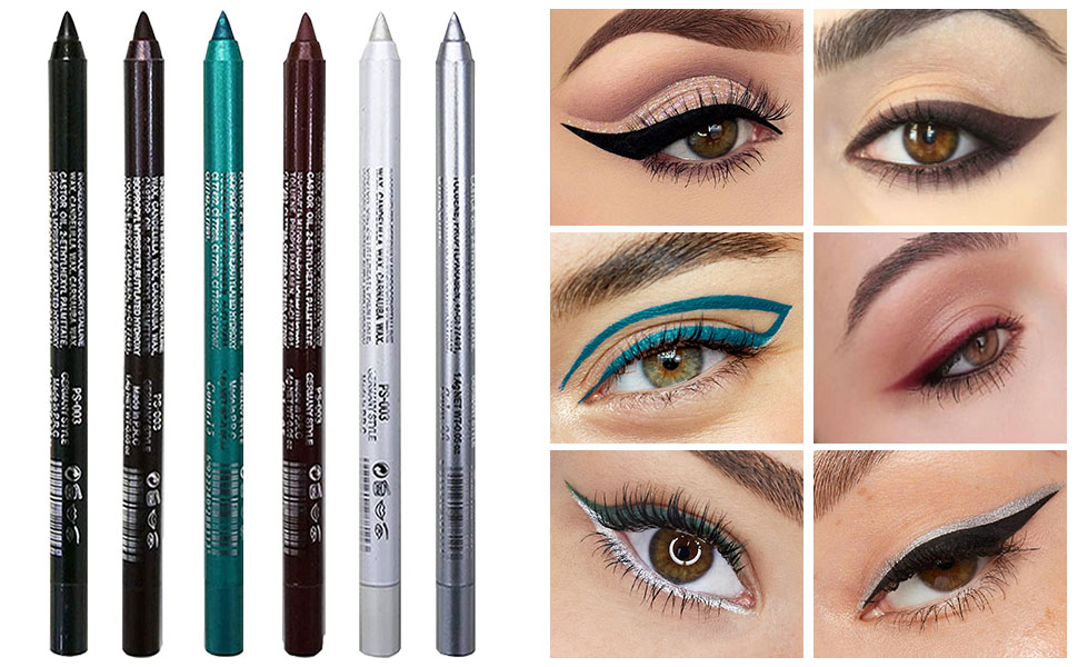 6Pcs White Silver Blue Black Red Brown Colored Shimmer Gel Eyeliner Color Pencil Pen Set
