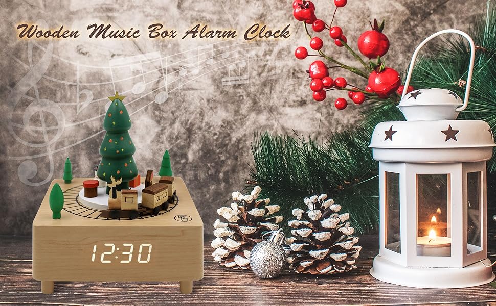 OCT17 Christmas Wooden Music Box Alarm Clock,Christmas
