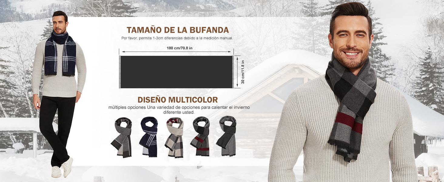 Expositor de bufanda multicolor que muestra varios estilos y patrones. La imagen incluye a hombres con bufandas en entornos invernales.