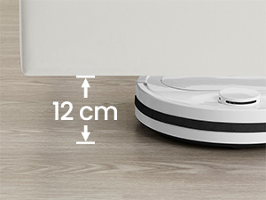 Seitenansicht eines weißen zylindrischen Geräts, wahrscheinlich eines Roboterstaubsaugers, mit einer Höhe von 12 cm.
