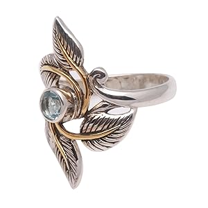 NOVICA Artisan Handmade 18k Gold Accented Blue Topaz Leafy Cocktail Ring From Indonesia