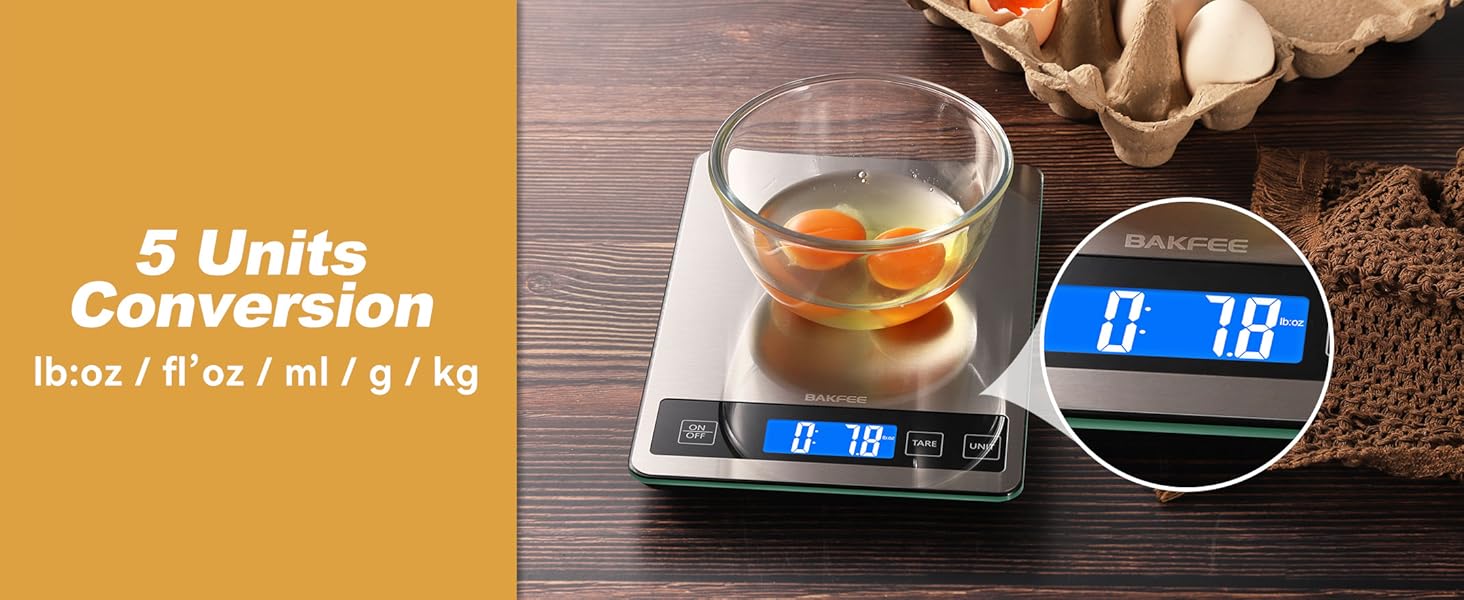 BAKFEE Food Scale, 33lb Digital Kitchen Scale with Stainless Steel & Tempered Glass