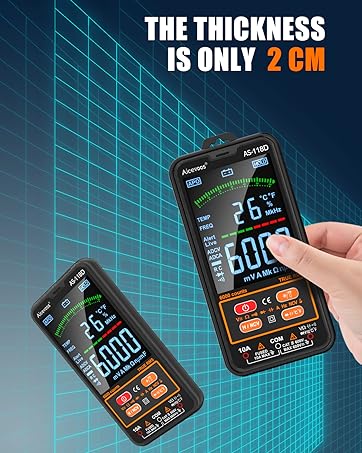 Two handheld digital multimeters with large LCD screens, multiple measurement modes, and orange function buttons. Text highlights 2 cm thickness.