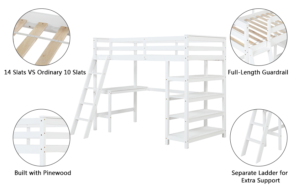 Aoowow Twin Size Loft Bed with Desk, Wood Loft Bed Frame with 4 Storage Shelves