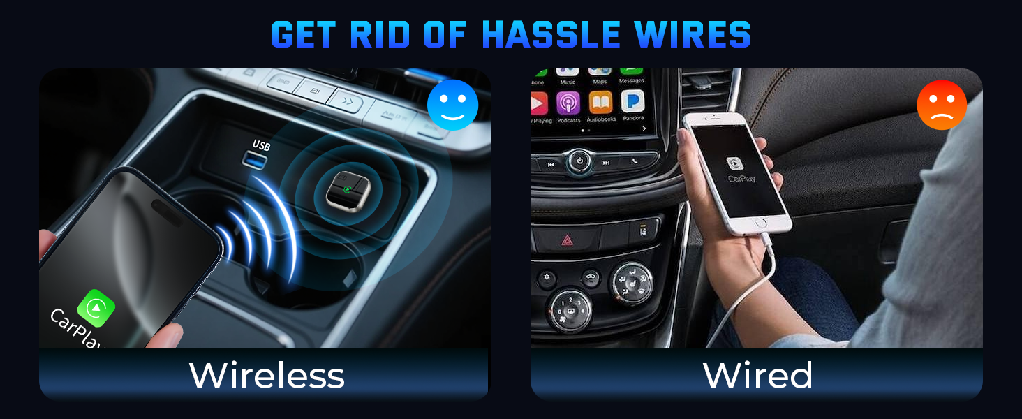 Text reads 'GET RID OF HASSLE WIRES'. Car dashboard interface comparing wireless and wired connectivity options with illuminated interface displays.