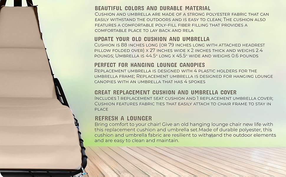 Weatherproof Replacement Cushion Pad and Umbrella for Hanging Lounge Chair Outdoor Chaise Hanging Hammock Chair - Long-Lasting, Fade-Resistant, Quick-Dry, Outdoor Lounge Replacement Set (Beige-) 12 detailed view of the vibrant khacki replacement cushion, highlighting its plush texture and secure