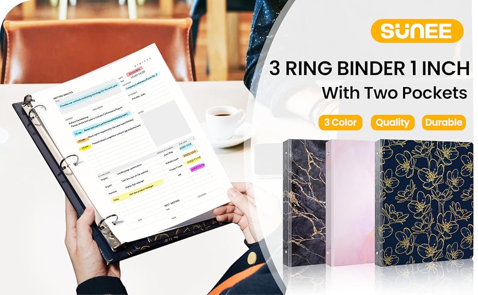 3 Ring Binder 1 Inch, SUNEE Pretty Binder with 2 Pockets