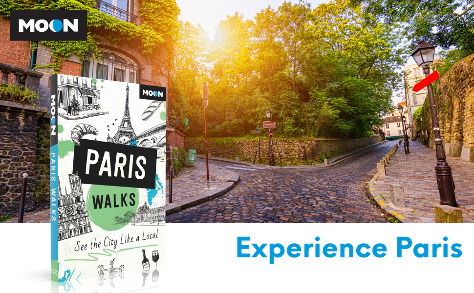 Image of sunny, tree-lined cobblestone street with text reading experience Paris