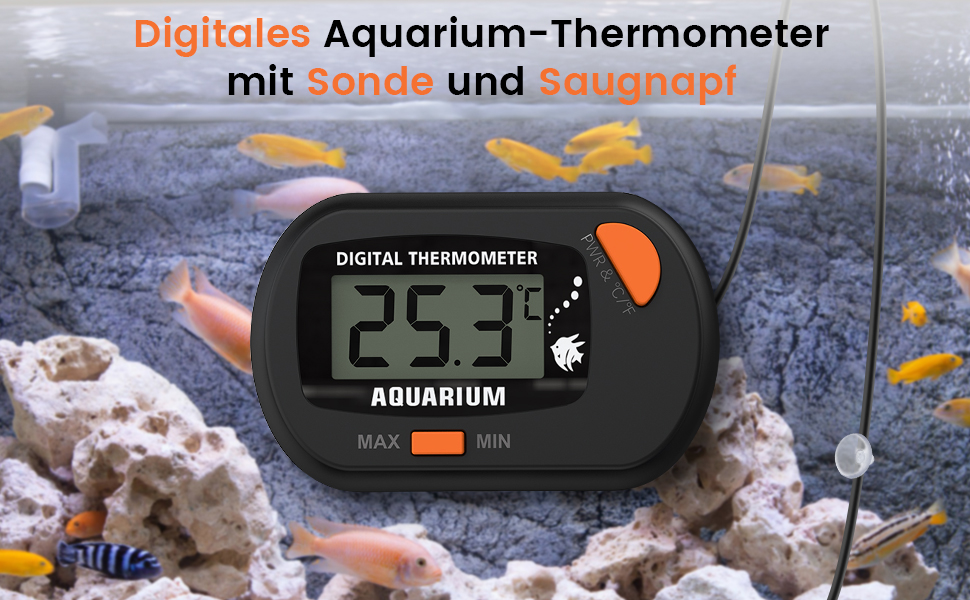 Digitales Aquariumthermometer mit LCD-Display, Anzeige von 25,2 Grad, orangefarbenen Tasten und Saughalterung, Anzeige in aktiver Aquarieneinstellung mit Fischen
