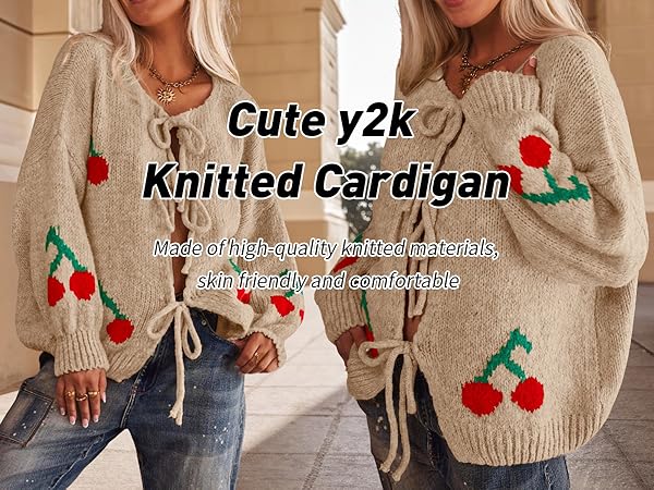 chouyatou Women's Cute Y2K Cherry Tie Knot Cardigan Casual
