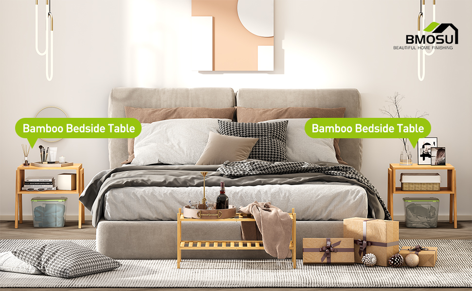 End Table Set of 2 Bamboo Nightstand Stackable Bedside