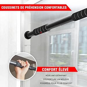 Ultrasport Barre de Traction, barre de porte, réglable de 65 cm à 93 cm, peut être assemblé sans vis, antidérapante, maintien sûr, poignées en mousse Barre de traction Way