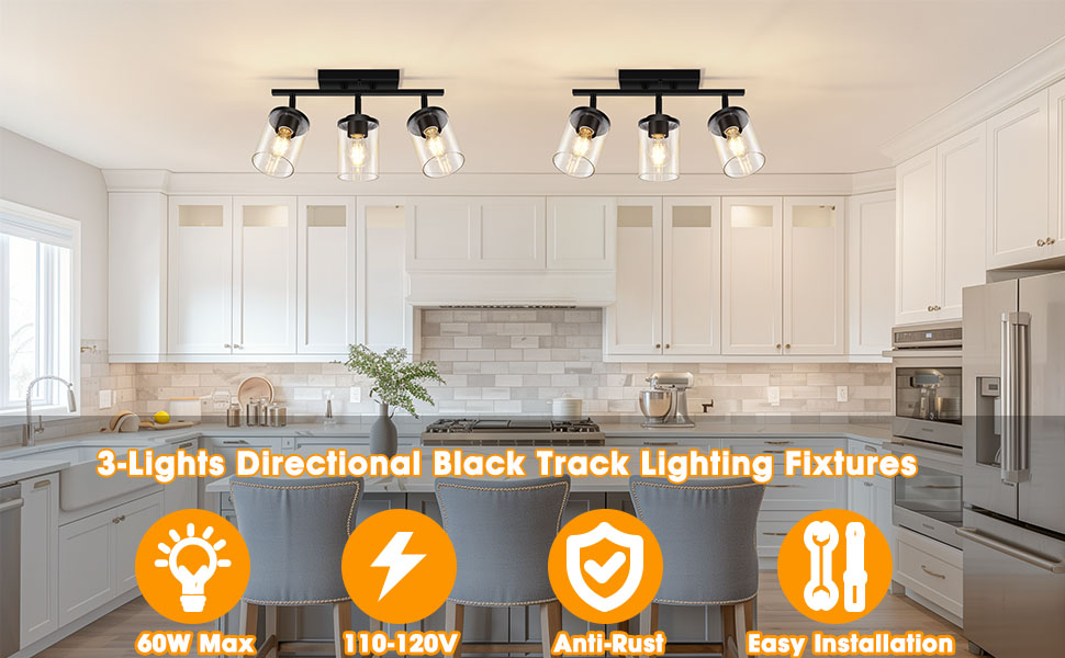 3 Lights Semi Flush Mount Lights Black Directional Ceiling Light Fixture with Glass