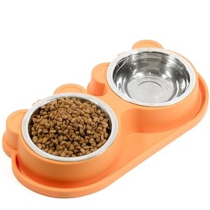 comedero gato doble de color naranja con comida y agua