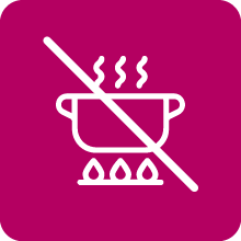 Magenta icon showing a pot with steam rising, crossed out by a diagonal line. Likely indicates 'no cooking' or 'no hot food'.