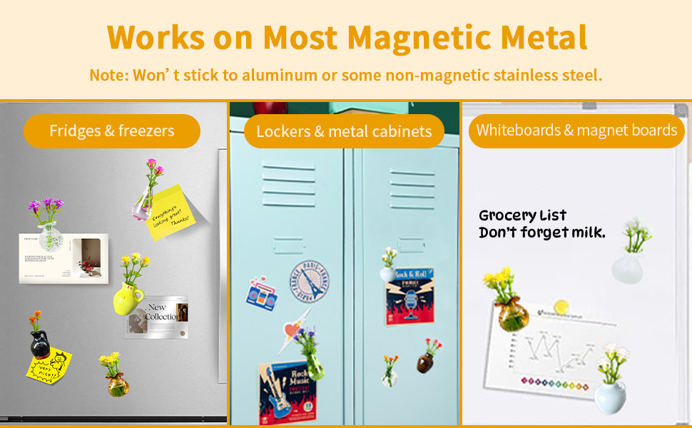 Mini vase magnets on fridge, locker, and whiteboard—works on most magnetic metal surfaces