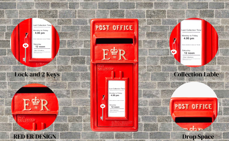 ACL Red Letterbox, ER Mailbox with Lock, Wall Mounted Postbox, Pillar Mounted Letter Box
