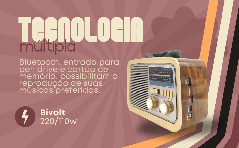 Rádio AM FM Retrô Vintage Portátil