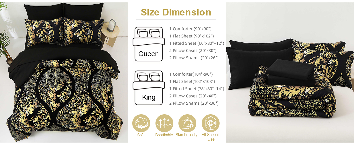 Anibedding Black Gold Comforter Set King Size, 7 Pieces Bohemian Damask Comforter