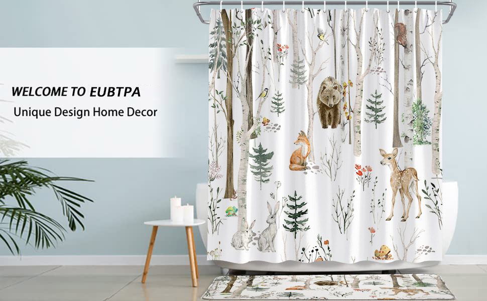 EUBTPA Rustic Forest Shower Curtain Cabin Bear Deer Fox