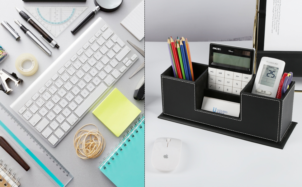 KINGFOM Office Supplies Desk Organizer PU Leather Storage Box 4 Divided Compartments for Pen Business Card Remote Control Mobile Phone Cosmetics