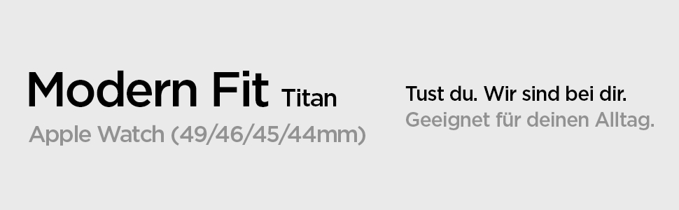 Οθόνη κειμένου για Apple Watch-Zubehör. Erwähnt "Modern Fit Titan" und die Uhrengrößen 49/46/45/44 χλστ. Der deutsche Κείμενο deutet auf Alltagstauglichkeit hin