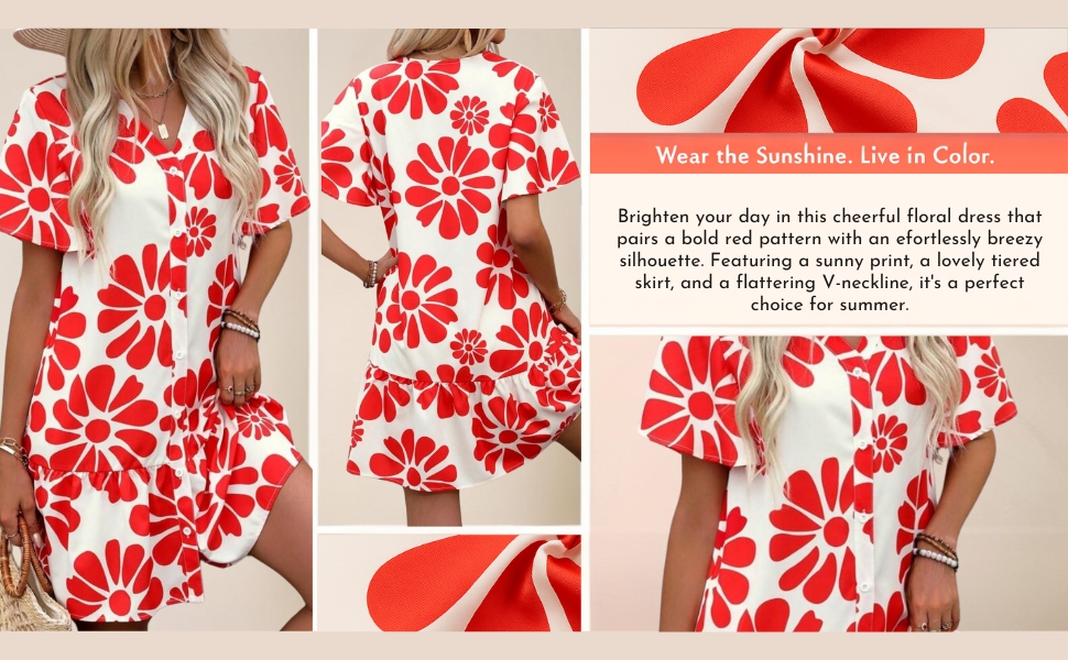 Front and back view of red floral short dress with button front, tiered skirt, and V-neckline