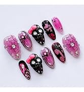 30Pcs Halloween Press on Nails Medium Almond Fake Nails with Skull Rhinestones Designs Spider Web...